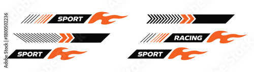 Racing Stripe Designs Featuring Arrows, Flames, Fire Effects and Geometric Speed Patterns for Sport Cars and Moto Customization on Bright White Background