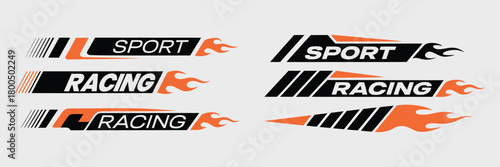 Sport Racing Tuning Stripes Vector Collection with Dynamic Arrows, Flames, Burning Fire Elements and Geometric Speed Lines for High-Performance Cars and Motorcycles on Clean White Background