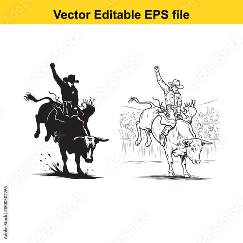 Bull rider in action, rodeo cowboy on a bucking bull, dynamic silhouette and line art comparison