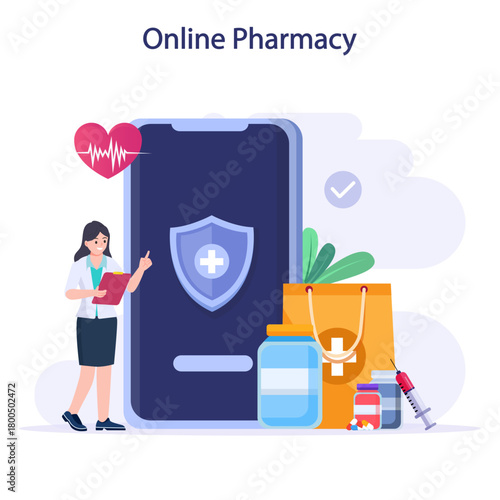 Vector illustration of online pharmacy store. Medicine ordering mobile app.