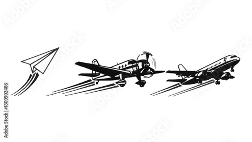 Vector illustration of paper airplane and two airplanes flying with motion trail isolated on transparent background 