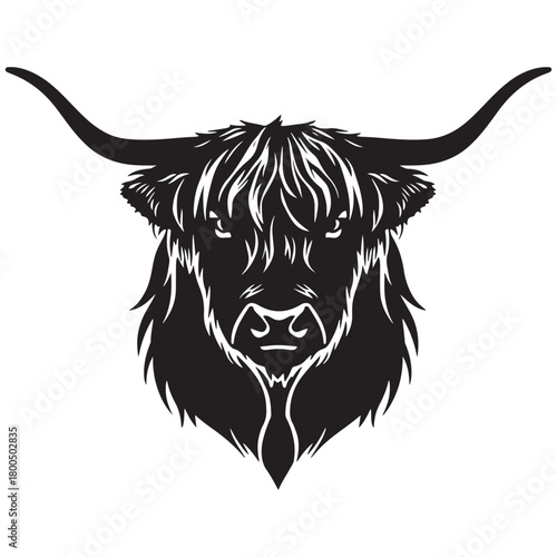 Stylized black and white highland cow head with long horns