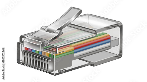 Vector illustration of closeup view of an rj45 connector with colorful wires, isolated on transparent background 