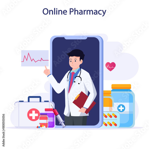 Vector illustration of online pharmacy store. Medicine ordering mobile app.
