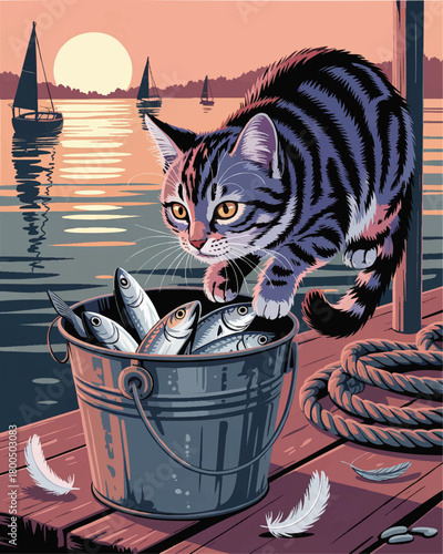Curious tabby cat on wooden pier stealing fish from bucket at sunset, nautical harbor illustration with sailboats and calm water