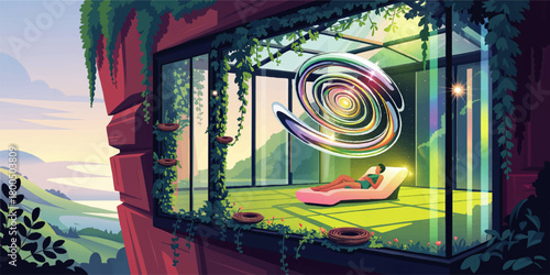 Futuristic glass house in lush nature with relaxing woman and glowing abstract portal, modern sci fi retreat, digital illustration