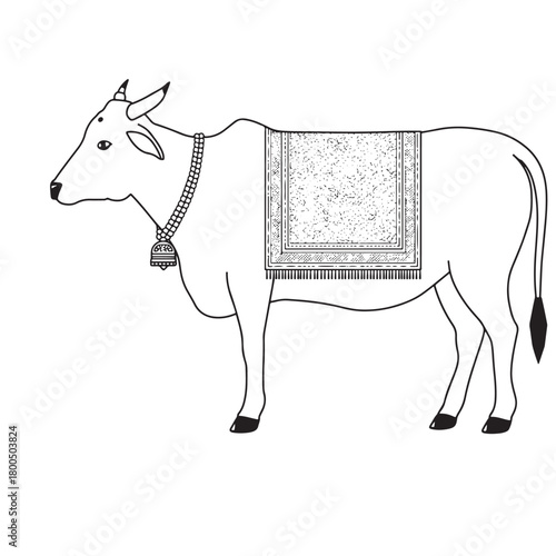 Line drawing of a decorated cow with a bell and blanket