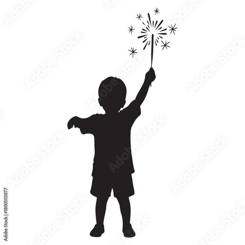 Silhouette of a child holding a sparkler aloft on a white background