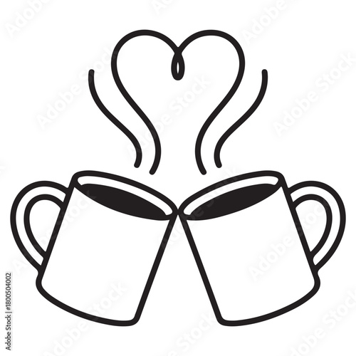 Two coffee cups clinking with a heart shaped steam design