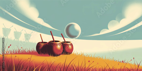 Surreal landscape with three tribal drums in tall grass under dreamy sky and floating spheres, fantasy music illustration art