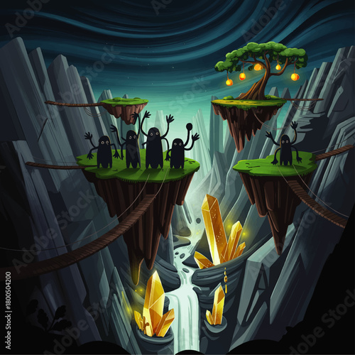 Fantasy alien creatures on floating islands above glowing crystals in magical canyon landscape, whimsical cartoon game background