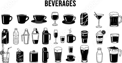 Hand-drawn set of various beverages and drinks icons: coffee, tea, water, juice, alcohol, soda, milk in cups, mugs, bottles, cans, and glasses. Black and white doodle style.