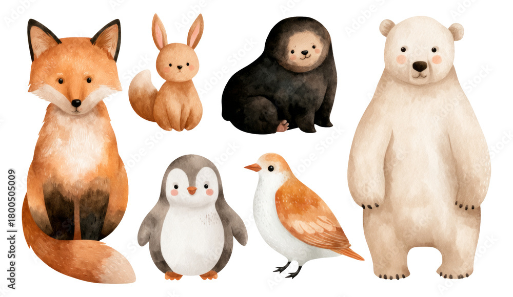 Fototapeta premium Adorable Animal Illustrations in Soft Watercolor Style on Transparent Background