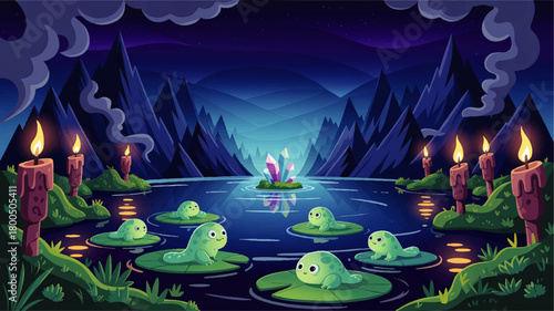 Magical night lake with cute cartoon frogs on lily pads, glowing crystals and candles in enchanted fantasy mountain landscape