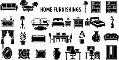 Home Furnishings and Furniture Icons Set. Black and White Silhouettes of Various Household Items like Sofa, Bed, Table, Chairs, Lamps, Bookcases, and Office Furniture.