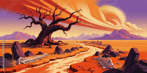 Surreal desert landscape with twisted dead tree, dry riverbed and animal skeletons under dramatic orange purple sunset sky