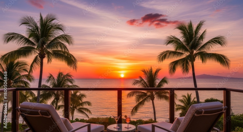 Fototapeta premium Tropical Sunset Paradise - Relaxing Balcony View with Palm Trees.