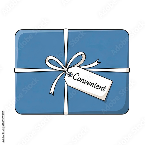 Blue Wrapped Gift Box with White Ribbon and 'Convenient' Tag on a Dark Blue Textured Background with Soft Shadows