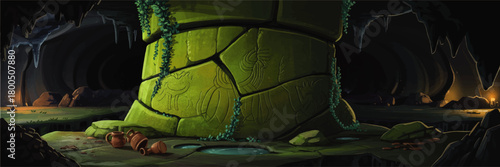 Ancient mystical cave with glowing torches and giant stone pillar carved with runes and symbols, fantasy game background illustration