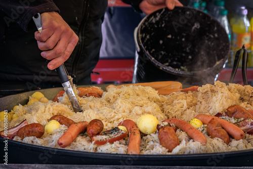 Choucroute garnie, sauerkraut with sausages, Christmas Market, Strasbourg France