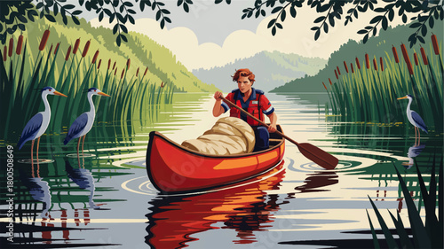 Man paddling red canoe on peaceful river with reeds and herons, summer adventure illustration, tranquil lake nature landscape art