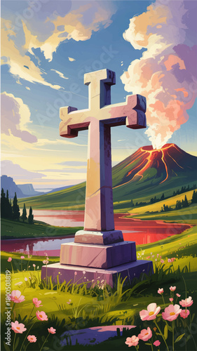 Dramatic stone cross at sunset with erupting volcano, lava landscape, serene lake and wildflower meadow, spiritual fantasy art