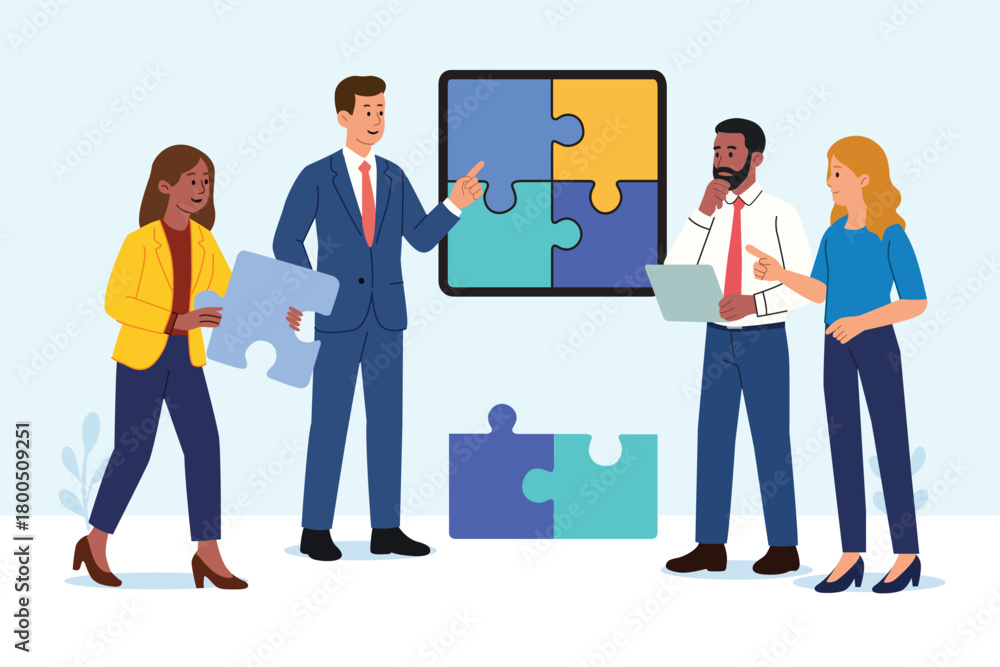 Fototapeta premium Conceptual Business People Solving a Puzzle Vector Illustration