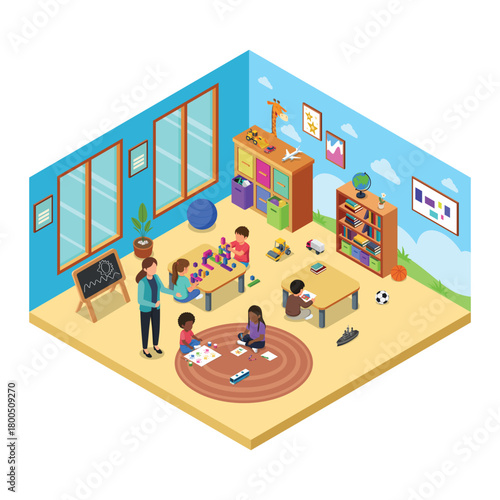 Isometric of a Kindergarten School Vector Illustration