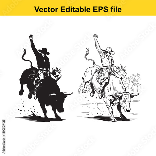 Bull rider in action, rodeo cowboy on bucking bull, dynamic illustration, western sport, isolated on