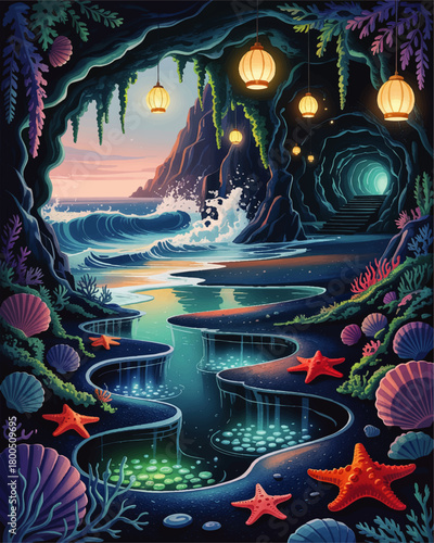 Enchanted ocean cave at sunset with glowing tide pools, starfish, seashells and lantern lit tunnel, fantasy seascape illustration