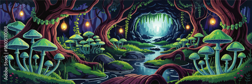Enchanted fantasy forest cave with glowing mushrooms, lantern lights and magic river, vibrant cartoon game background illustration