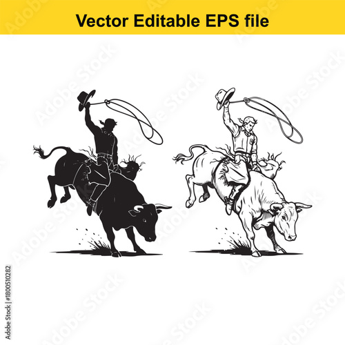 Two cowboys riding bulls in a rodeo, one in silhouette and one in line art, isolated on