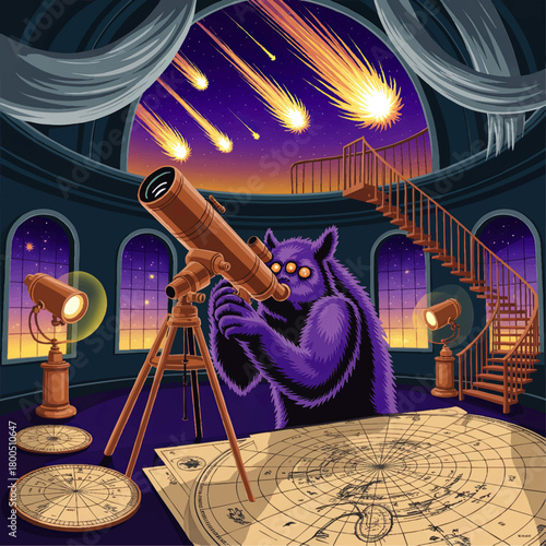 Furry purple monster astronomer with telescope watching meteor shower in vintage observatory, whimsical night sky vector illustration