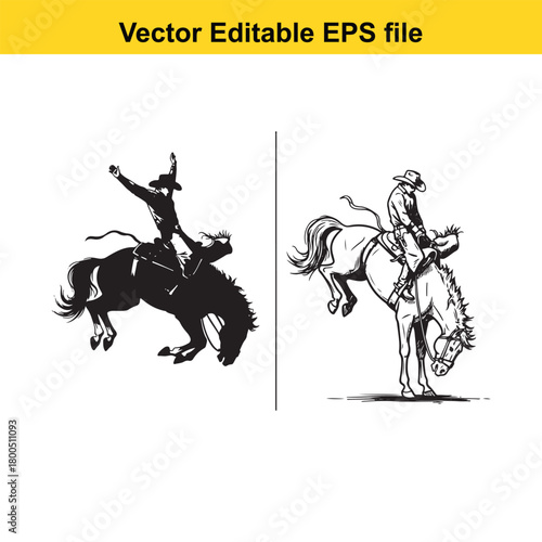 Two cowboys riding bucking horses in a rodeo, one in silhouette and the other in line art, isolated on