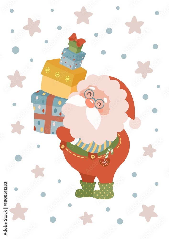 Naklejka premium Cute Christmas Santa Illustration with Gifts – Kawaii Holiday Character Clipart