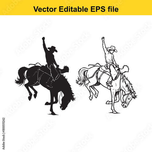 Silhouette and line art of a cowboy riding a bucking horse, isolated on