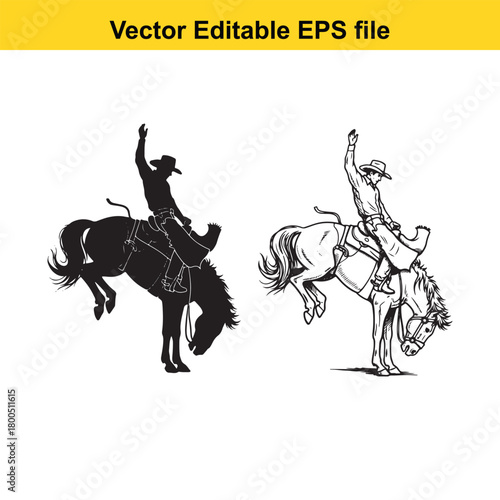 Silhouette and line art of a cowboy riding a bucking horse, isolated on