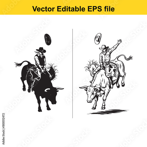 Bull riding rodeo cowboy silhouette and line art isolated on