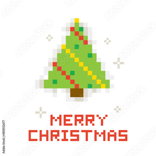 Pixel Merry Christmas Tree Concept. Vector Illustration of 8 Bit Game Winter Ornate Postcard. Greeting Card with Text Typography and Snowflakes.