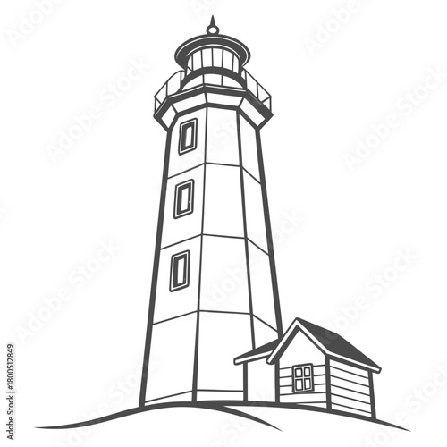 Black and white lighthouse illustration with nearby cottage  