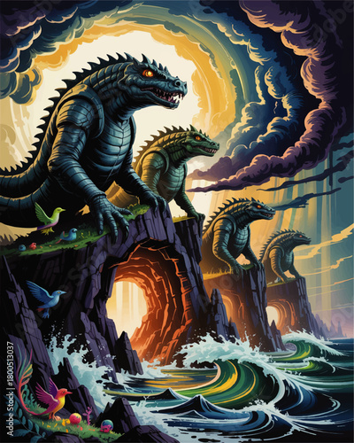 Epic sea monsters on rocky cliffs at sunrise, fantasy ocean waves and dragons, vibrant mythical landscape illustration