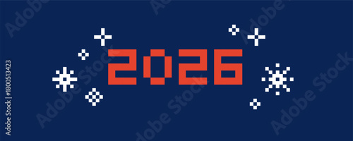 Pixel 2026 Happy New Year Banner. Vector Illustration of 8 Bit Game Winter Ornate Website Concept. Text Typography with Snowflakes Background.