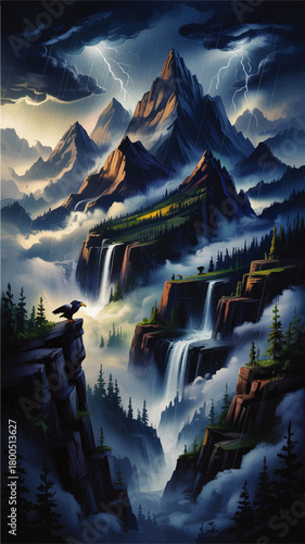Epic fantasy mountain landscape with stormy sky, lightning, waterfalls and raven cliff in dramatic moody forest scenery