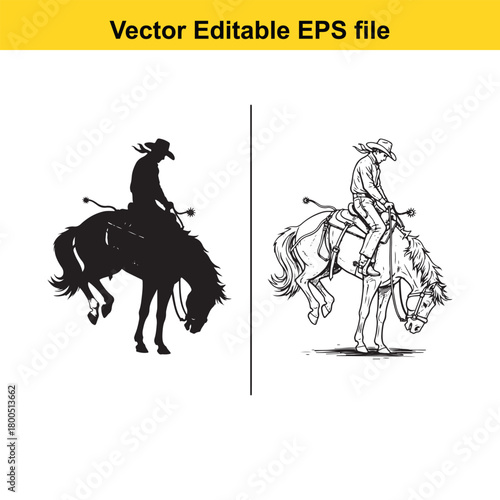 Silhouette and line art of a cowboy riding a bucking horse, isolated on