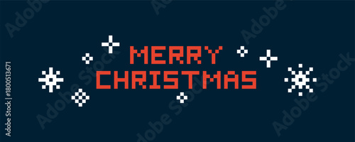Merry Christmas Pixel Design. Vector Illustration of 8 Bit Game Winter Ornate Website Banner. New Year Text Typography with Snowflakes Background.