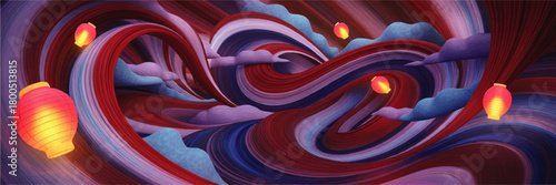 Surreal red and blue abstract landscape with glowing Chinese lanterns floating among swirling waves and dreamy clouds