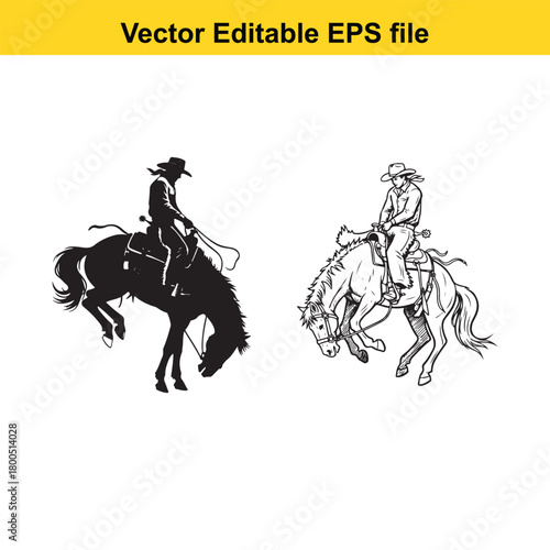 Silhouette and line art of cowboys riding bucking horses, isolated on