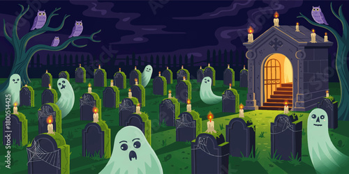 Spooky cartoon graveyard with cute ghosts, candles and haunted mausoleum at night, Halloween cemetery illustration background