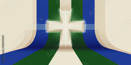 Glowing abstract Christian cross with green and blue flowing paths, modern religious background for worship, church, faith concepts