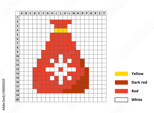 Santa Bag Cross Stitch Scheme. Vector Illustration of 8 Bit Winter Object over White. Educational Game for children. Colouring by numbers. Mosaics, Embroidery and Drawing. Present Christmas Gift.